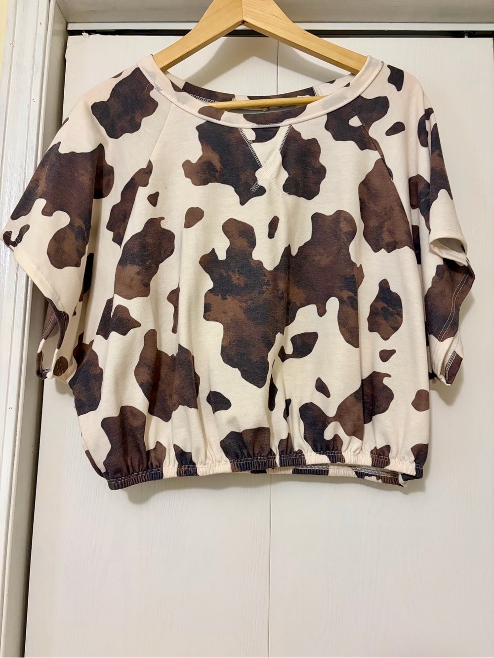 Altar'd State Cream and Brown Cow-Print Cropped Pullover